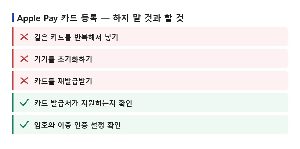 카드 반복 등록과 기기 초기화처럼 하지 말 것과 카드사 확인·암호 설정처럼 먼저 할 것을 정리한 목록