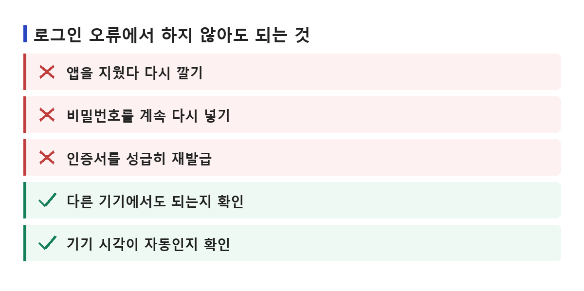 앱 재설치와 비밀번호 반복 입력처럼 하지 않아도 되는 것과 다른 기기 확인·기기 시각 확인처럼 먼저 할 것을 정리한 목록