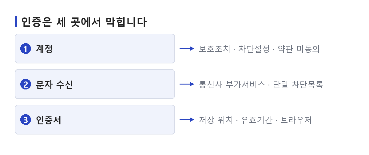 로그인 오류의 원인을 계정·문자수신·인증수단 세 곳으로 나누고 각각에서 확인할 것을 정리한 도식