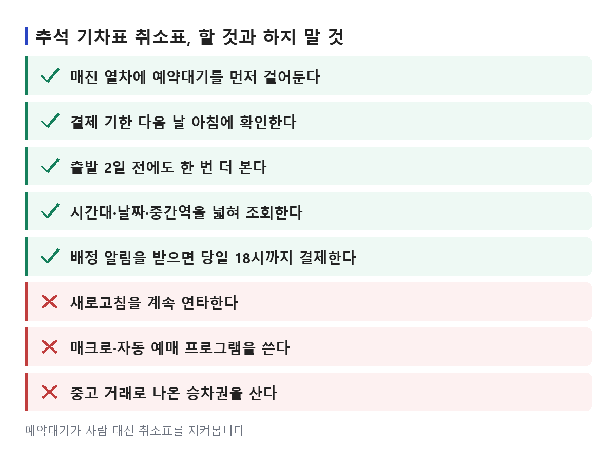 추석 기차표 취소표를 잡을 때 해야 할 것과 하지 말 것을 정리한 목록