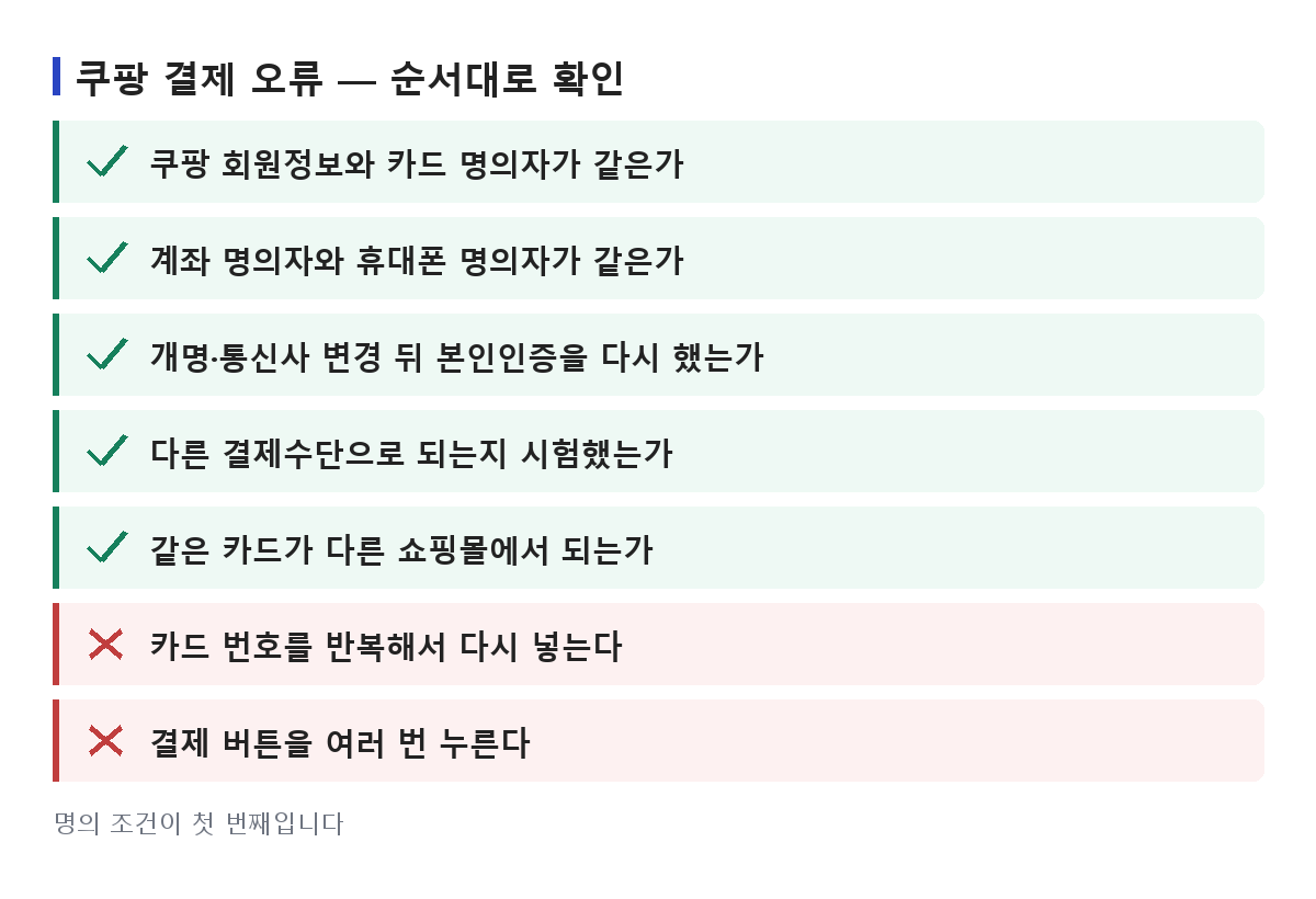 쿠팡 결제 오류 상황에서 명의 조건과 다른 수단 시험처럼 먼저 할 것과 카드 번호 반복 입력처럼 하지 말 것을 정리한 목록