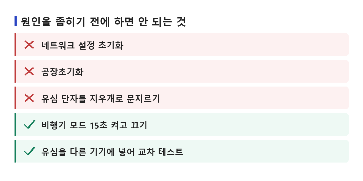 초기화와 단자 청소처럼 하면 안 되는 것과 비행기 모드·교차 테스트처럼 먼저 할 것을 정리한 목록