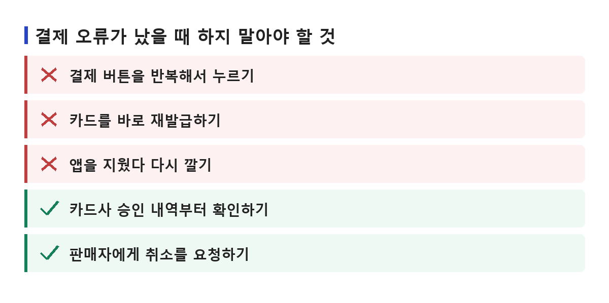 결제 오류가 났을 때 하지 말아야 할 것 세 가지와 먼저 해야 할 것 두 가지를 정리한 목록