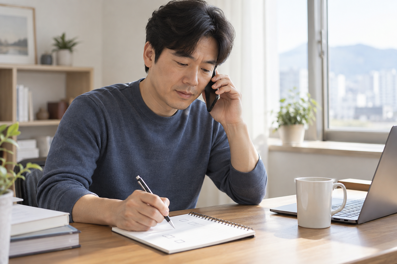 독감 예방접종을 예약하기 위해 조용한 실내에서 병원에 전화하는 한국인 성인