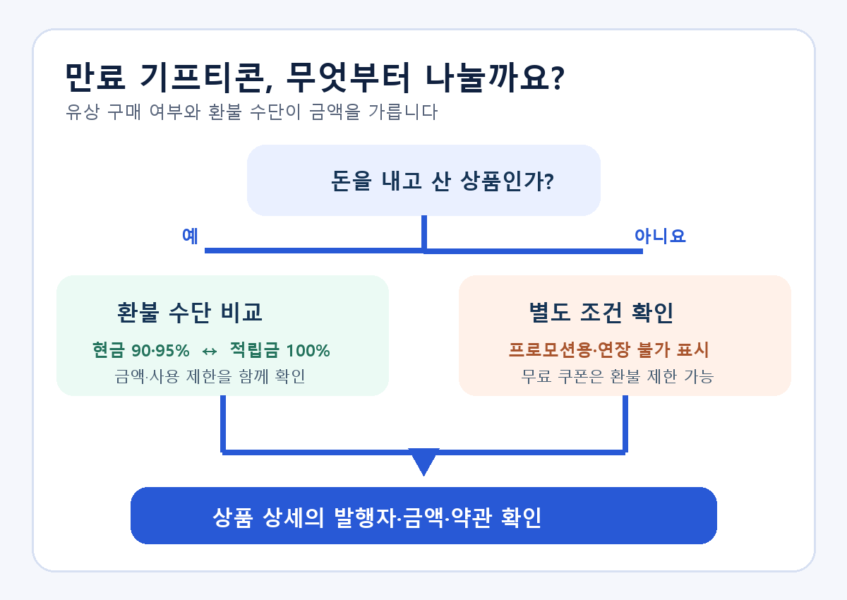 기프티콘 유효기간 만료 환불 시 유상 상품은 현금 90·95% 또는 제공되는 포인트 100%를 비교하고 무상 쿠폰은 별도 조건을 확인하는 판단 도식