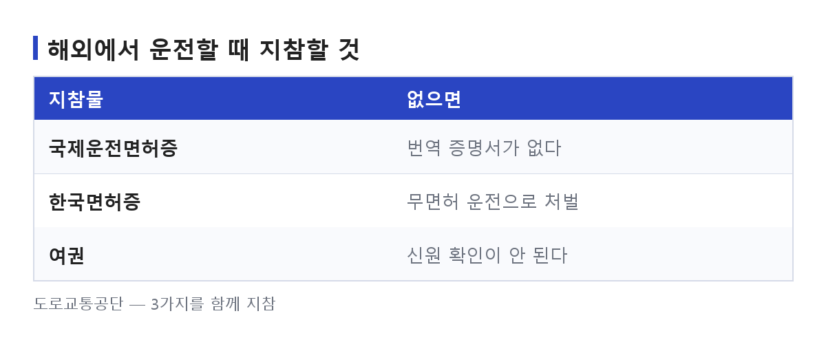 국제운전면허증으로 해외에서 운전할 때 함께 지참해야 하는 국제면허증·한국면허증·여권 3가지를 정리한 도식