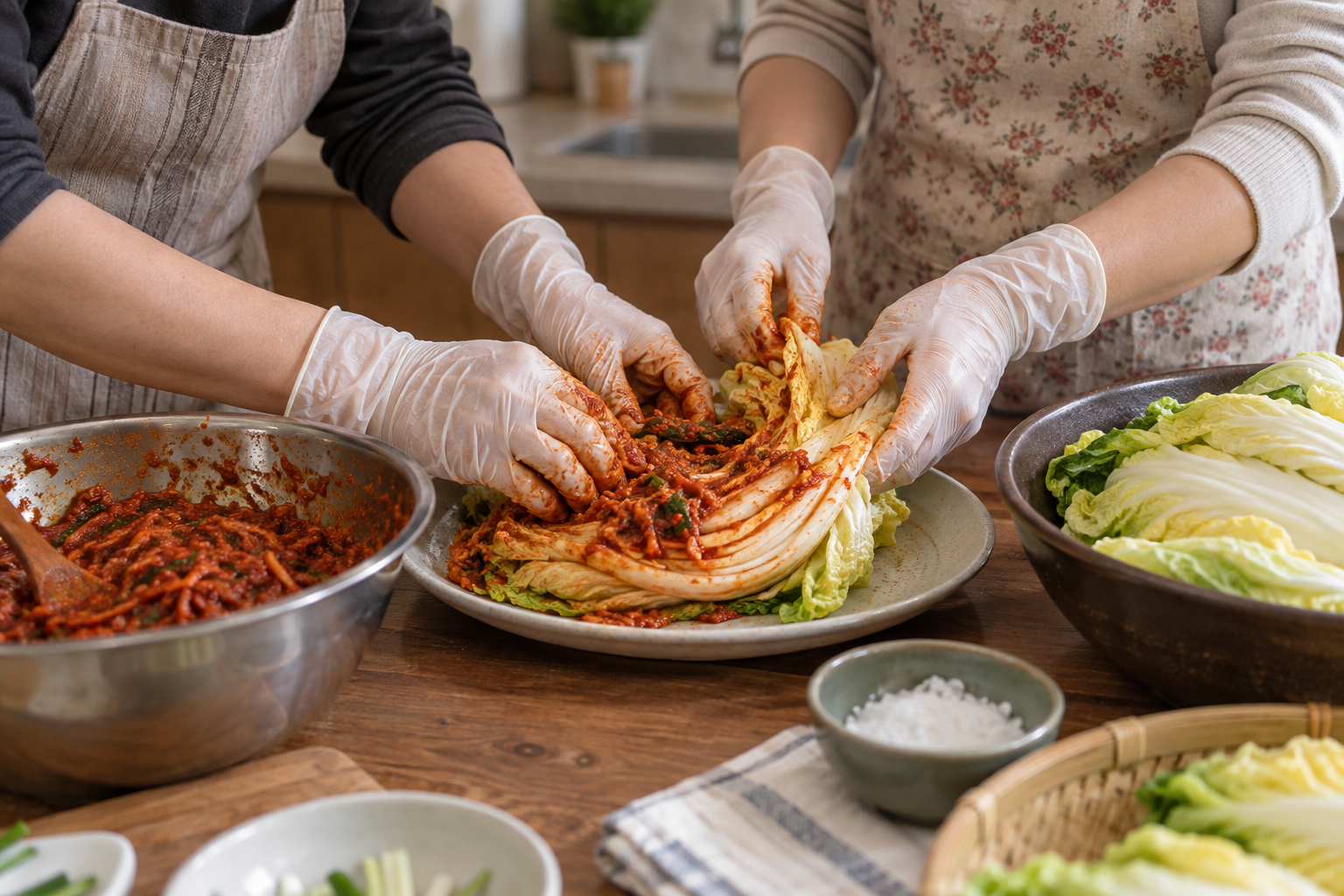 김장 양념 비율을 확인하려 장갑을 낀 두 사람이 작은 시험 분량에 양념을 바르는 모습