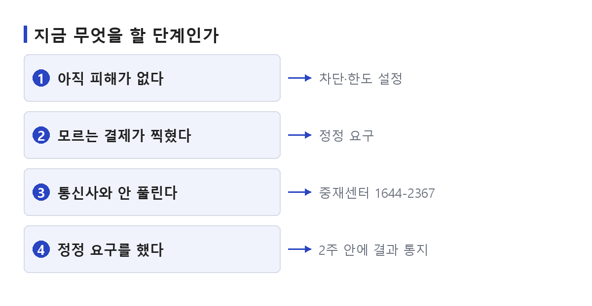 소액결제 차단과 정정 요구 중 지금 어느 단계인지 가리는 순서를 정리한 도식