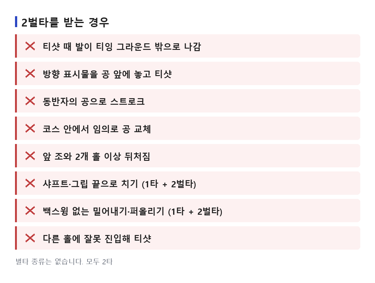 파크골프에서 2벌타를 받는 대표적인 경우를 정리한 목록 도식