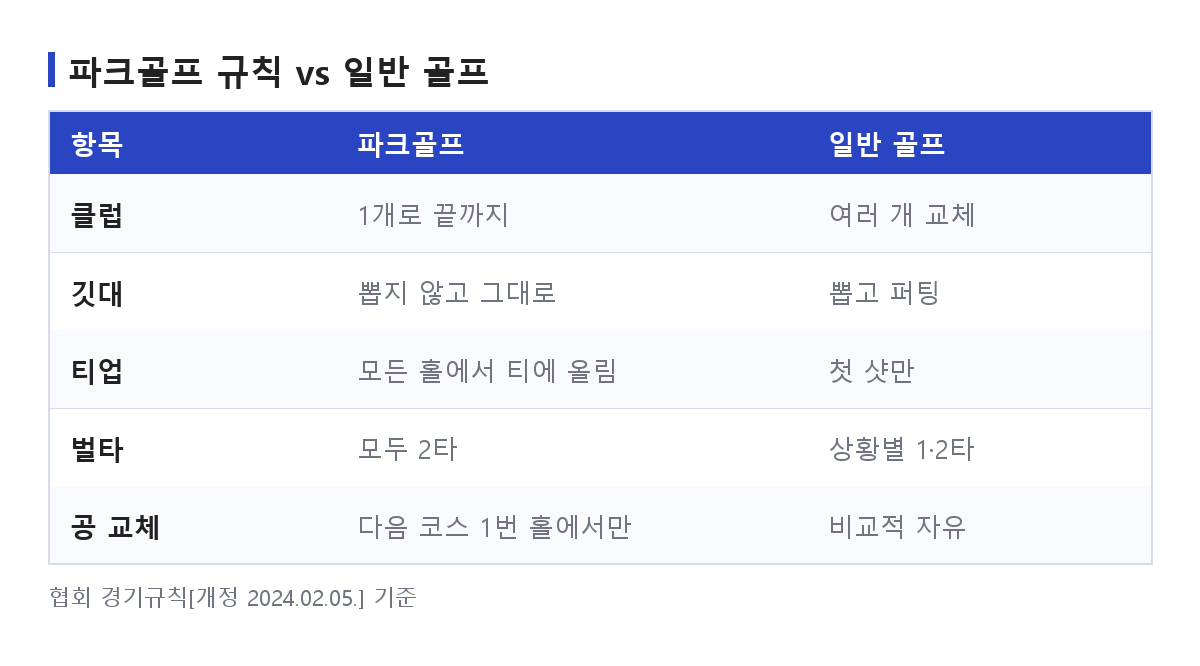 파크골프 규칙과 일반 골프 규칙의 차이를 항목별로 비교한 표 도식