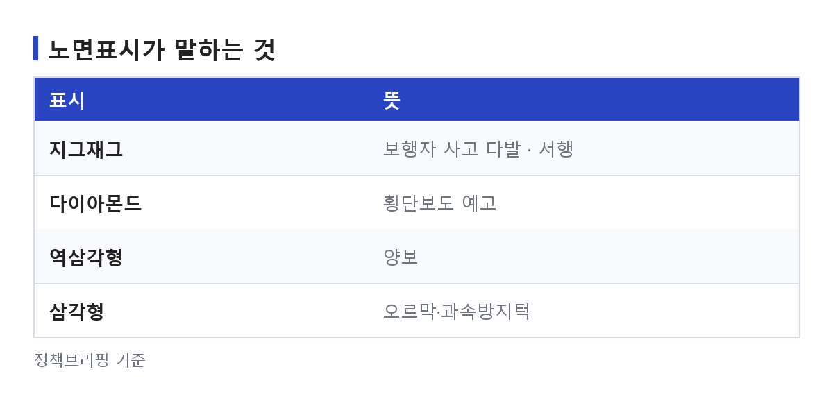 지그재그 차선을 비롯한 노면표시 5가지의 의미를 정리한 도식