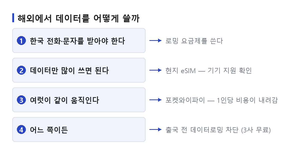 해외 로밍과 현지 eSIM, 포켓와이파이 중 무엇을 고를지 조건별로 갈리는 흐름 도식