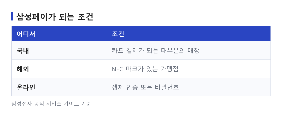 삼성페이 결제가 국내와 해외에서 각각 어떤 조건에서 되는지 갈라 놓은 도식