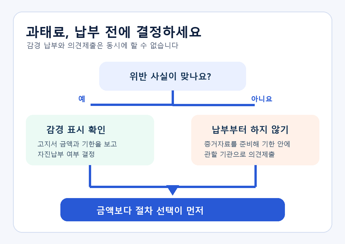 교통범칙금 조회 결과를 인정할 때는 감경 표시를 확인하고 사실관계가 다르면 납부 전 의견제출을 선택하는 판단 도식