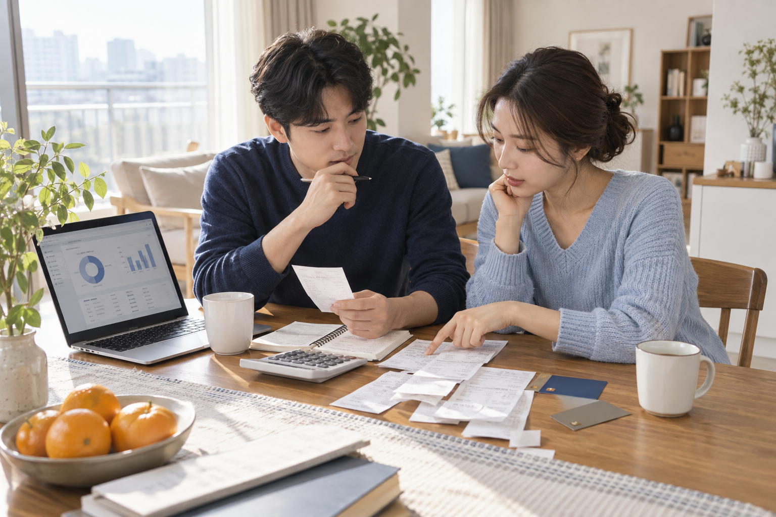 부부가 연말정산 신용카드와 체크카드 사용내역을 함께 점검하는 모습