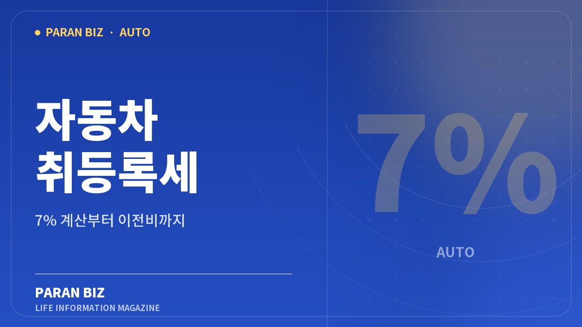 파란색 배경에 자동차 취등록세 계산 방법과 차종별 세율을 표시한 파란비즈 대표 이미지