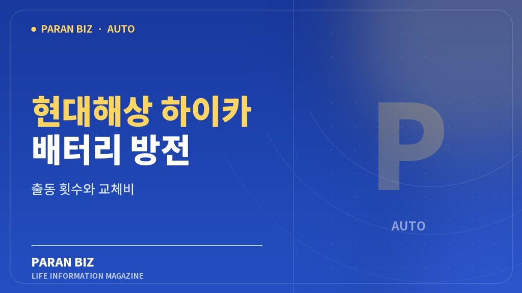 파란색 브랜드 카드에 현대해상 하이카 배터리 방전 출동과 가입기간별 횟수를 표시한 대표 이미지