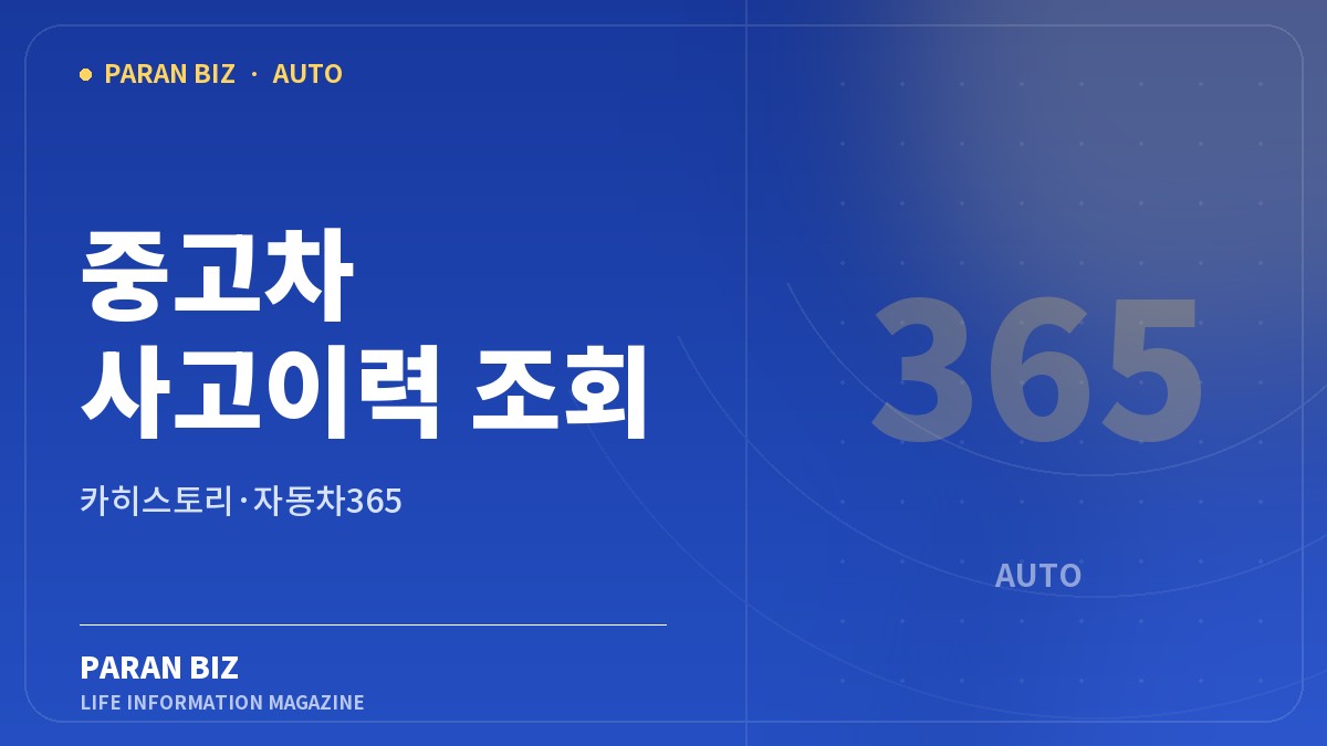 파란색 배경에 중고차 사고이력 조회와 카히스토리·자동차365 확인 순서를 표시한 파란비즈 대표 이미지