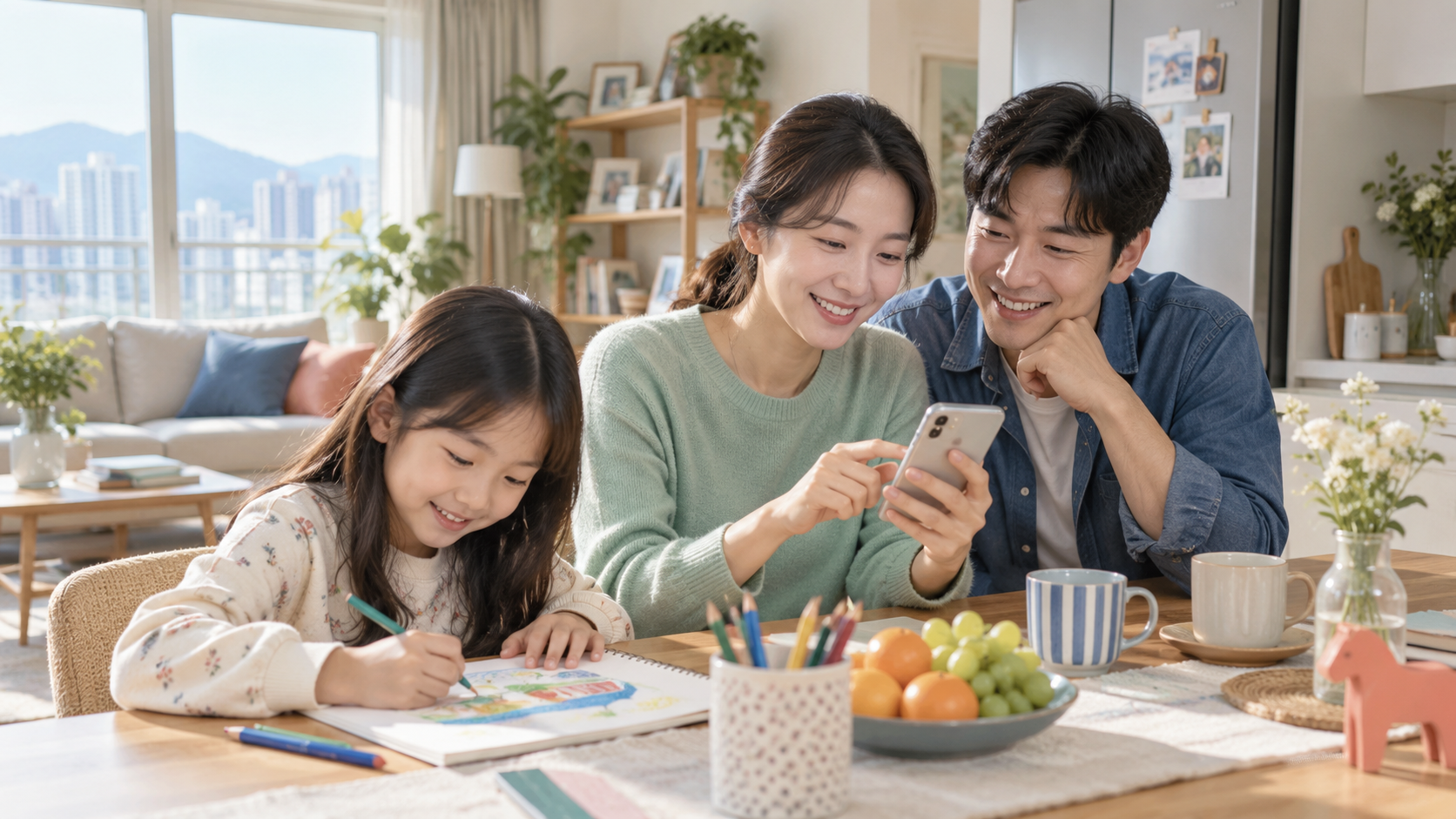 가족이 스마트폰으로 아동수당 지급 안내를 확인하는 모습